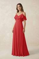 Off - the - Shoulder Ruffled A - Line Chiffon Bridesmaid Dress in Ruby Red - KissProm Bridesmaid Dresses