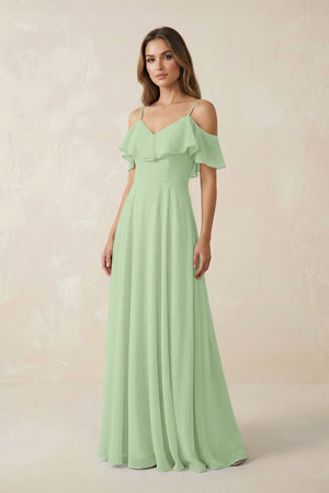 Off - the - Shoulder Ruffled A - Line Chiffon Bridesmaid Dress in Sage - KissProm Bridesmaid Dresses