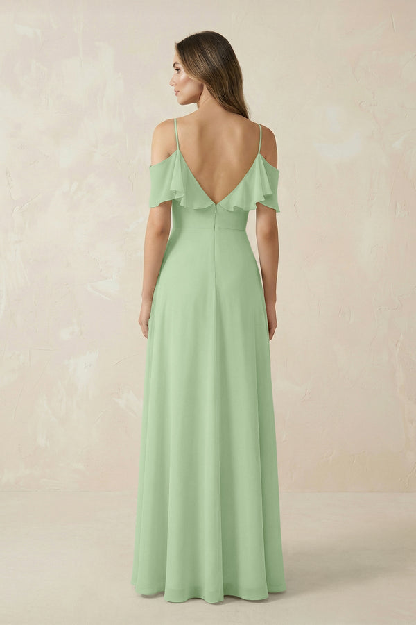 Off - the - Shoulder Ruffled A - Line Chiffon Bridesmaid Dress in Sage - KissProm Bridesmaid Dresses