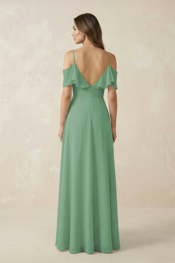 Off - the - Shoulder Ruffled A - Line Chiffon Bridesmaid Dress in Sea Glass - KissProm Bridesmaid Dresses