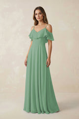 Off - the - Shoulder Ruffled A - Line Chiffon Bridesmaid Dress in Sea Glass - KissProm Bridesmaid Dresses