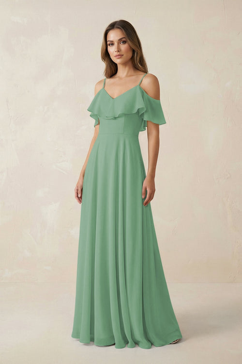 Off - the - Shoulder Ruffled A - Line Chiffon Bridesmaid Dress in Sea Glass - KissProm Bridesmaid Dresses