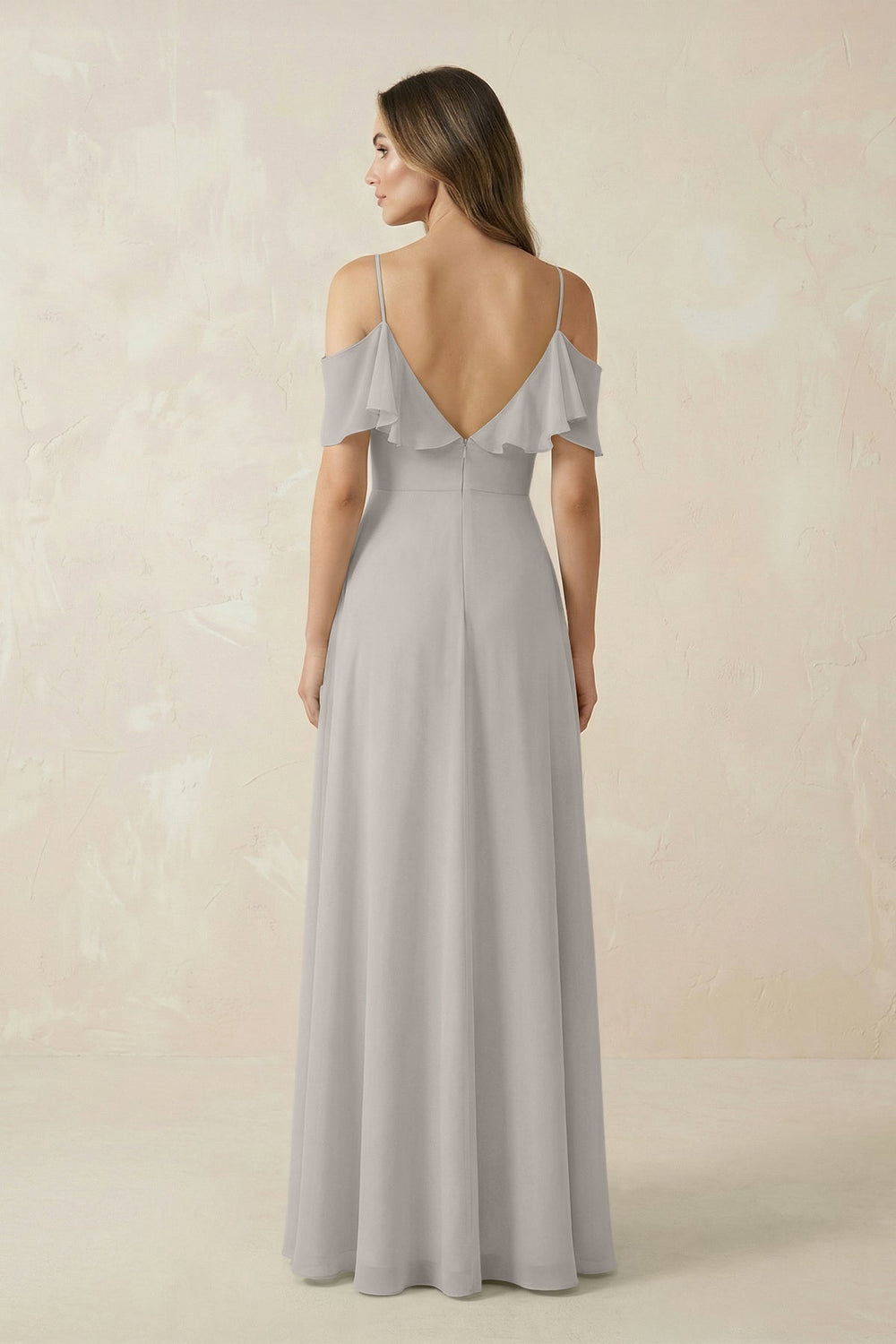 Off - the - Shoulder Ruffled A - Line Chiffon Bridesmaid Dress in Silver - KissProm Bridesmaid Dresses