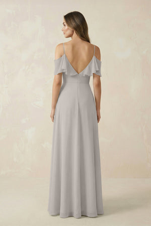 Off - the - Shoulder Ruffled A - Line Chiffon Bridesmaid Dress in Silver - KissProm Bridesmaid Dresses