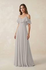Off - the - Shoulder Ruffled A - Line Chiffon Bridesmaid Dress in Silver - KissProm Bridesmaid Dresses