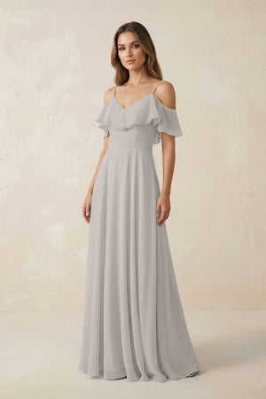 Off - the - Shoulder Ruffled A - Line Chiffon Bridesmaid Dress in Silver - KissProm Bridesmaid Dresses
