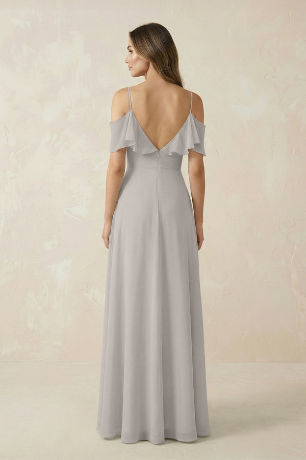 Off - the - Shoulder Ruffled A - Line Chiffon Bridesmaid Dress in Silver - KissProm Bridesmaid Dresses