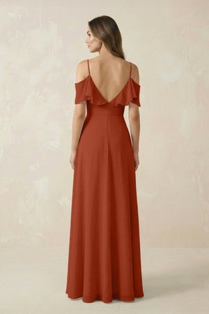 Off - the - Shoulder Ruffled A - Line Chiffon Bridesmaid Dress in Spice - KissProm Bridesmaid Dresses