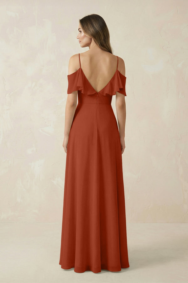 Off - the - Shoulder Ruffled A - Line Chiffon Bridesmaid Dress in Spice - KissProm Bridesmaid Dresses