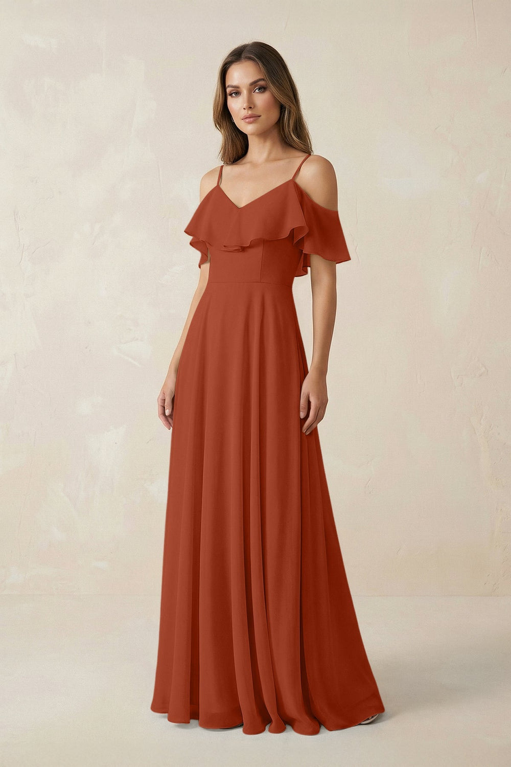 Off - the - Shoulder Ruffled A - Line Chiffon Bridesmaid Dress in Spice - KissProm Bridesmaid Dresses