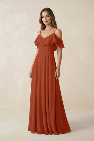 Off - the - Shoulder Ruffled A - Line Chiffon Bridesmaid Dress in Spice - KissProm Bridesmaid Dresses