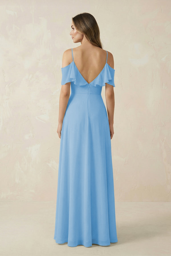 Off - the - Shoulder Ruffled A - Line Chiffon Bridesmaid Dress in Steel Blue - KissProm Bridesmaid Dresses