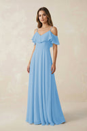 Off - the - Shoulder Ruffled A - Line Chiffon Bridesmaid Dress in Steel Blue - KissProm Bridesmaid Dresses