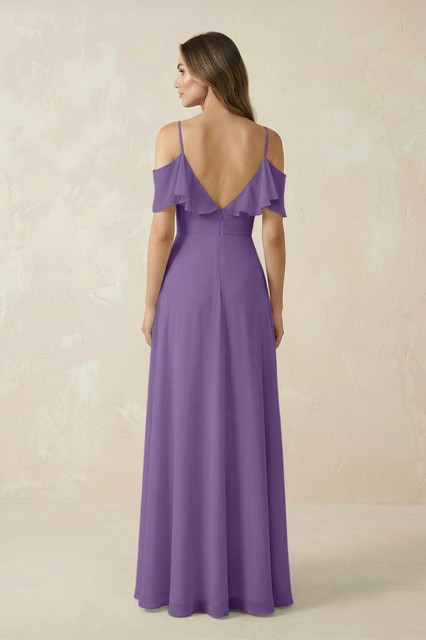 Off - the - Shoulder Ruffled A - Line Chiffon Bridesmaid Dress in Tahiti - KissProm Bridesmaid Dresses