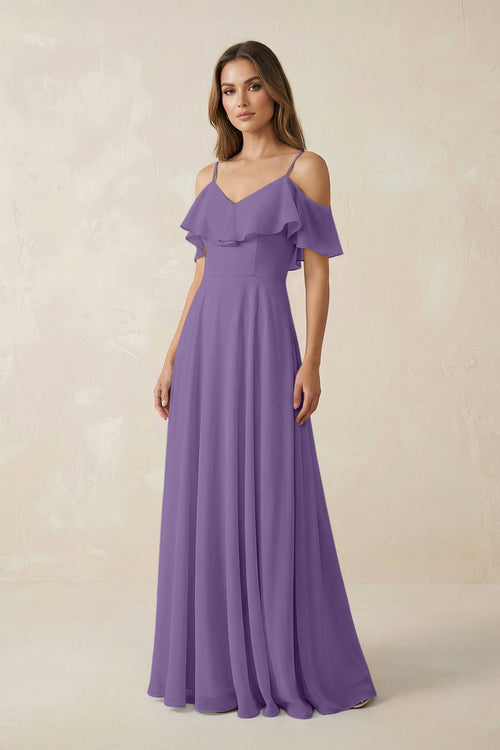 Off - the - Shoulder Ruffled A - Line Chiffon Bridesmaid Dress in Tahiti - KissProm Bridesmaid Dresses