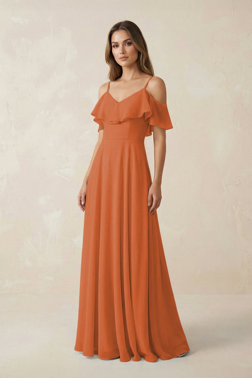 Off - the - Shoulder Ruffled A - Line Chiffon Bridesmaid Dress in Terracotta - KissProm Bridesmaid Dresses