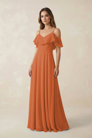 Off - the - Shoulder Ruffled A - Line Chiffon Bridesmaid Dress in Terracotta - KissProm Bridesmaid Dresses