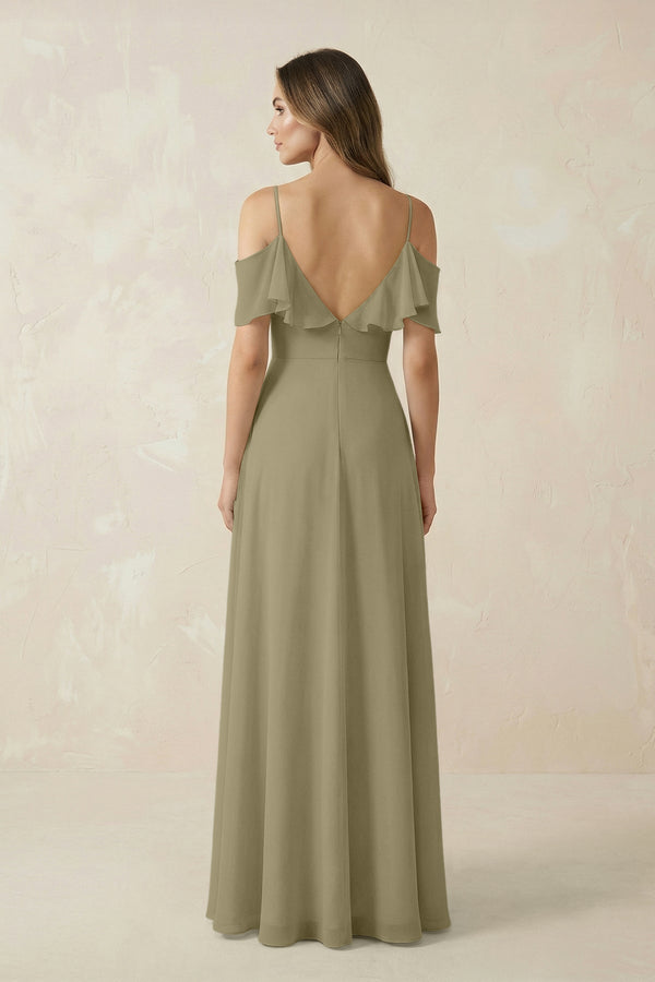 Off - the - Shoulder Ruffled A - Line Chiffon Bridesmaid Dress in Thyme - KissProm Bridesmaid Dresses