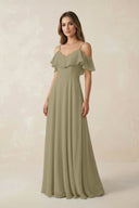 Off - the - Shoulder Ruffled A - Line Chiffon Bridesmaid Dress in Thyme - KissProm Bridesmaid Dresses