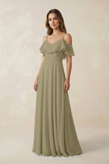 Off - the - Shoulder Ruffled A - Line Chiffon Bridesmaid Dress in Thyme - KissProm Bridesmaid Dresses