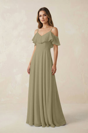 Off - the - Shoulder Ruffled A - Line Chiffon Bridesmaid Dress in Thyme - KissProm Bridesmaid Dresses