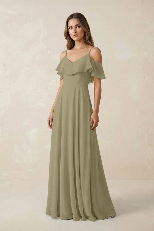 Off - the - Shoulder Ruffled A - Line Chiffon Bridesmaid Dress in Thyme - KissProm Bridesmaid Dresses