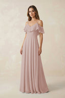 Off - the - Shoulder Ruffled A - Line Chiffon Bridesmaid Dress in Toffee - KissProm Bridesmaid Dresses