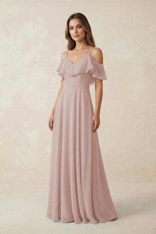 Off - the - Shoulder Ruffled A - Line Chiffon Bridesmaid Dress in Toffee - KissProm Bridesmaid Dresses