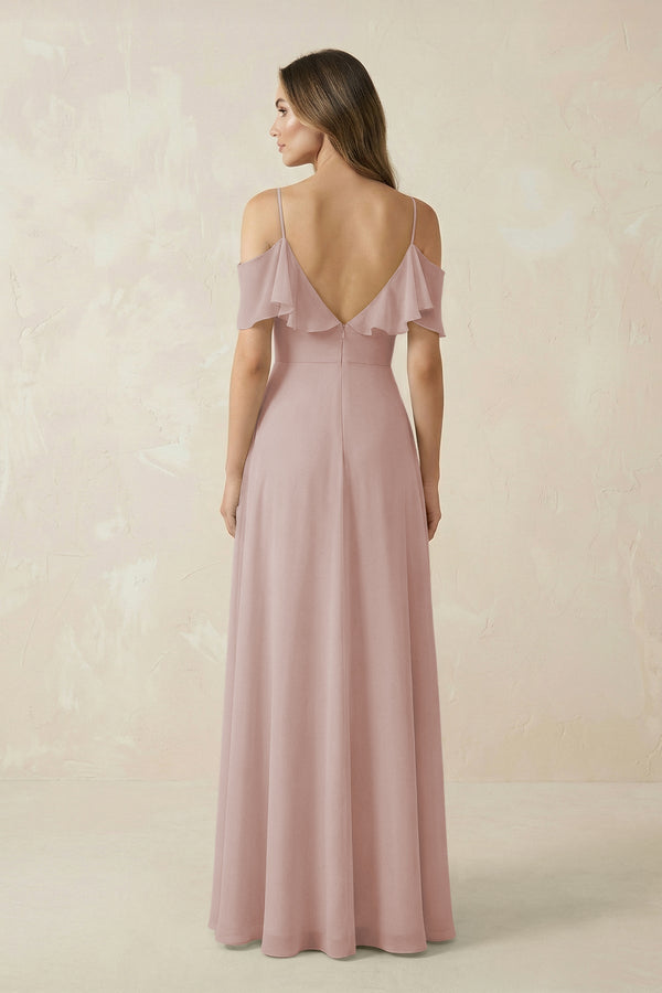 Off - the - Shoulder Ruffled A - Line Chiffon Bridesmaid Dress in Toffee - KissProm Bridesmaid Dresses