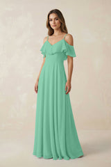 Off - the - Shoulder Ruffled A - Line Chiffon Bridesmaid Dress in Turquoise - KissProm Bridesmaid Dresses