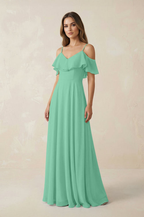 Off - the - Shoulder Ruffled A - Line Chiffon Bridesmaid Dress in Turquoise - KissProm Bridesmaid Dresses