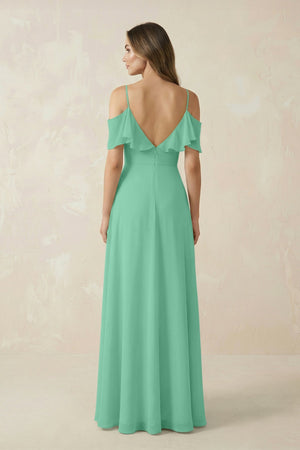 Off - the - Shoulder Ruffled A - Line Chiffon Bridesmaid Dress in Turquoise - KissProm Bridesmaid Dresses