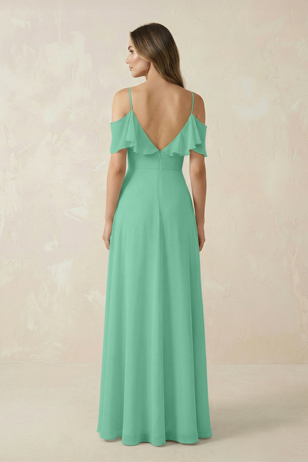 Off - the - Shoulder Ruffled A - Line Chiffon Bridesmaid Dress in Turquoise - KissProm Bridesmaid Dresses