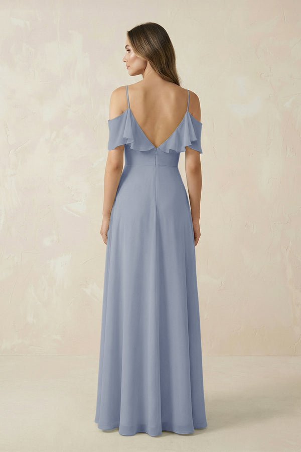 Off - the - Shoulder Ruffled A - Line Chiffon Bridesmaid Dress in Twilight - KissProm Bridesmaid Dresses