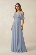 Off - the - Shoulder Ruffled A - Line Chiffon Bridesmaid Dress in Twilight - KissProm Bridesmaid Dresses