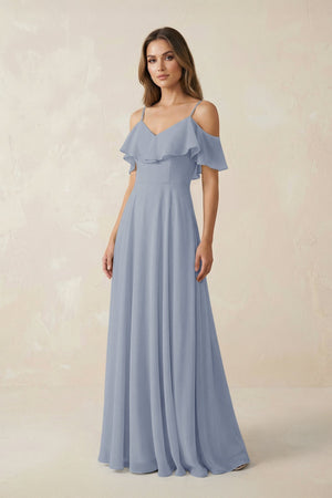 Off - the - Shoulder Ruffled A - Line Chiffon Bridesmaid Dress in Twilight - KissProm Bridesmaid Dresses