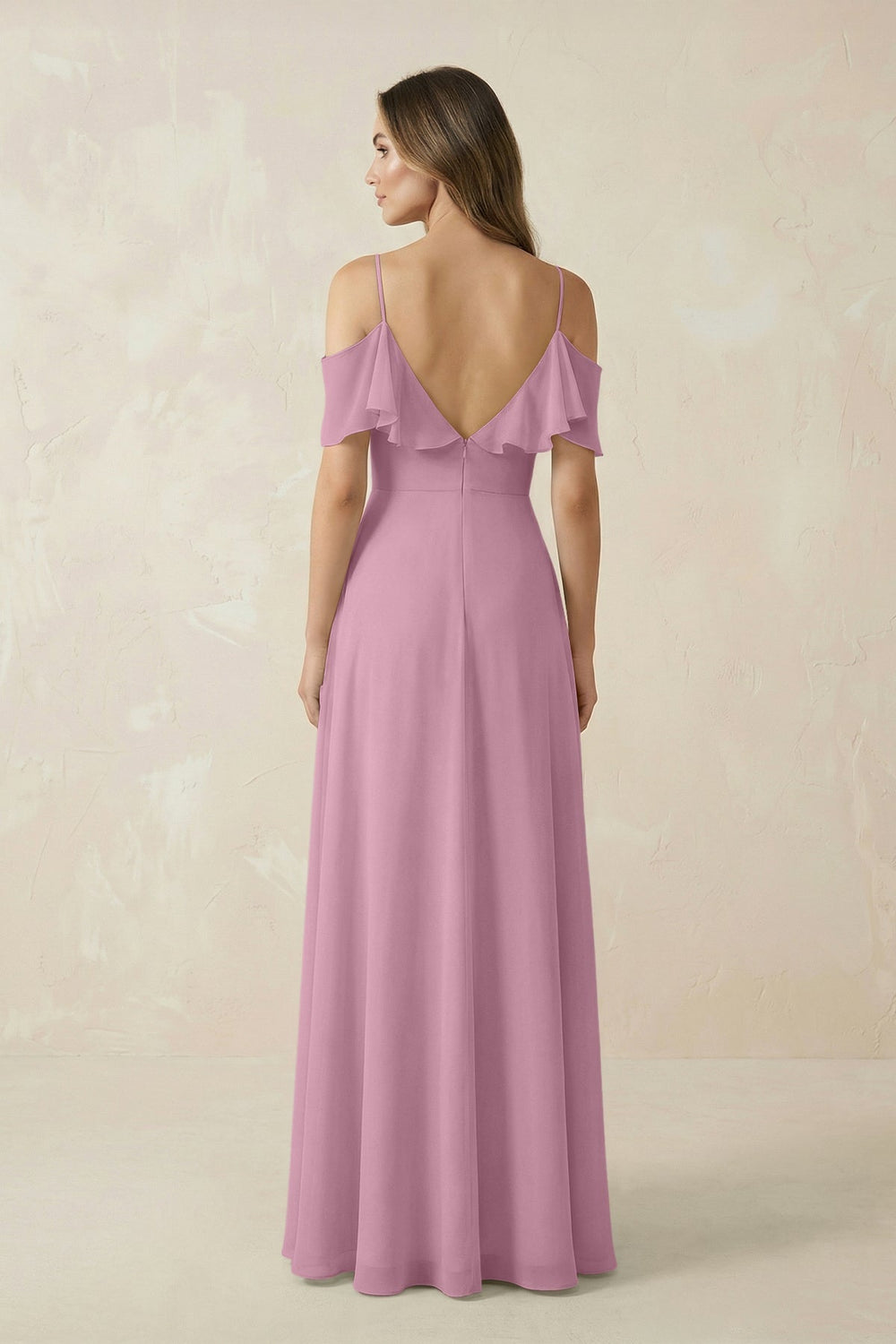 Off - the - Shoulder Ruffled A - Line Chiffon Bridesmaid Dress in Vintage Mauve - KissProm Bridesmaid Dresses