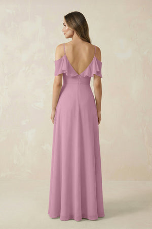 Off - the - Shoulder Ruffled A - Line Chiffon Bridesmaid Dress in Vintage Mauve - KissProm Bridesmaid Dresses