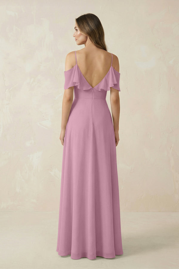Off - the - Shoulder Ruffled A - Line Chiffon Bridesmaid Dress in Vintage Mauve - KissProm Bridesmaid Dresses