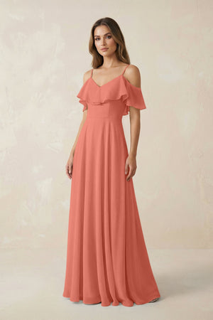 Off - the - Shoulder Ruffled A - Line Chiffon Bridesmaid Dress in Wild Rose - KissProm Bridesmaid Dresses