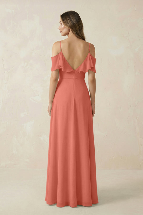Off - the - Shoulder Ruffled A - Line Chiffon Bridesmaid Dress in Wild Rose - KissProm Bridesmaid Dresses