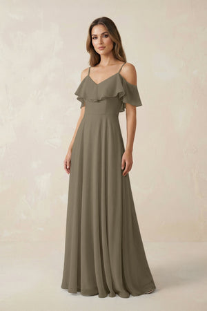 Off - the - Shoulder Ruffled A - Line Chiffon Bridesmaid Dress in Willow Green - KissProm Bridesmaid Dresses