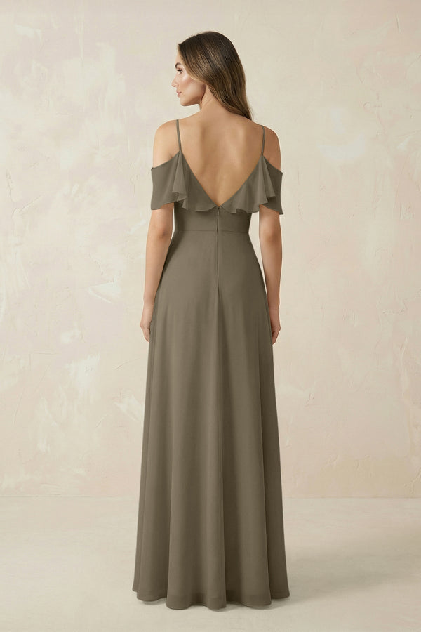 Off - the - Shoulder Ruffled A - Line Chiffon Bridesmaid Dress in Willow Green - KissProm Bridesmaid Dresses