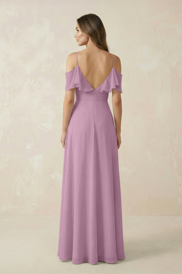 Off - the - Shoulder Ruffled A - Line Chiffon Bridesmaid Dress in Wisteria - KissProm Bridesmaid Dresses