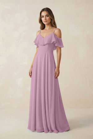 Off - the - Shoulder Ruffled A - Line Chiffon Bridesmaid Dress in Wisteria - KissProm Bridesmaid Dresses
