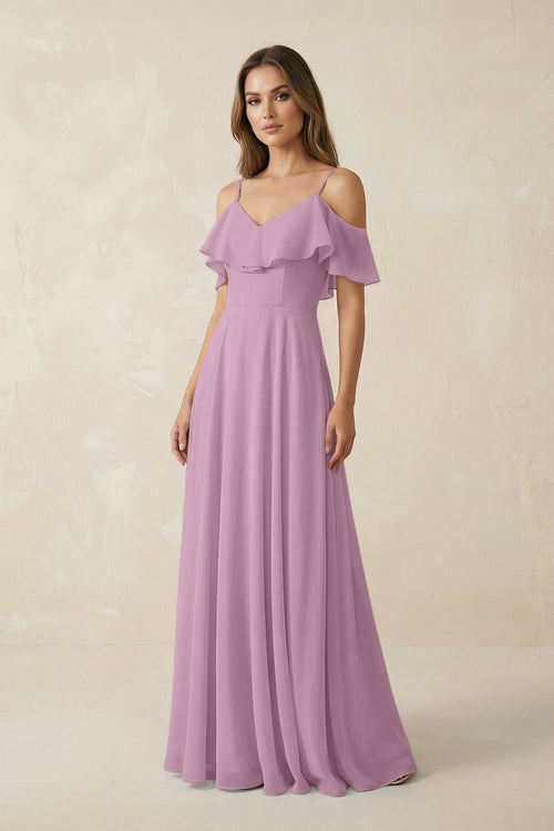 Off - the - Shoulder Ruffled A - Line Chiffon Bridesmaid Dress in Wisteria - KissProm Bridesmaid Dresses