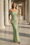 Off the Shoulder Coral Mermaid Satin Long Party Dress – Prom Dresses by KissProm | Available at KissProm