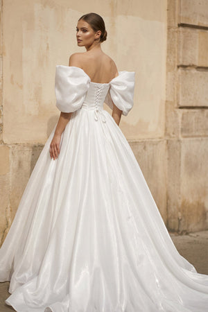 Off - the - Shoulder Satin A - Line Corset Wedding Dress - KissProm Wedding Dresses