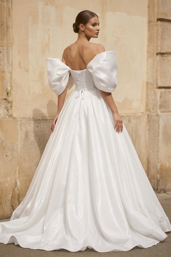 Off - the - Shoulder Satin A - Line Corset Wedding Dress - KissProm Wedding Dresses