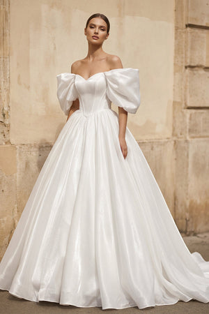 Off - the - Shoulder Satin A - Line Corset Wedding Dress - KissProm Wedding Dresses